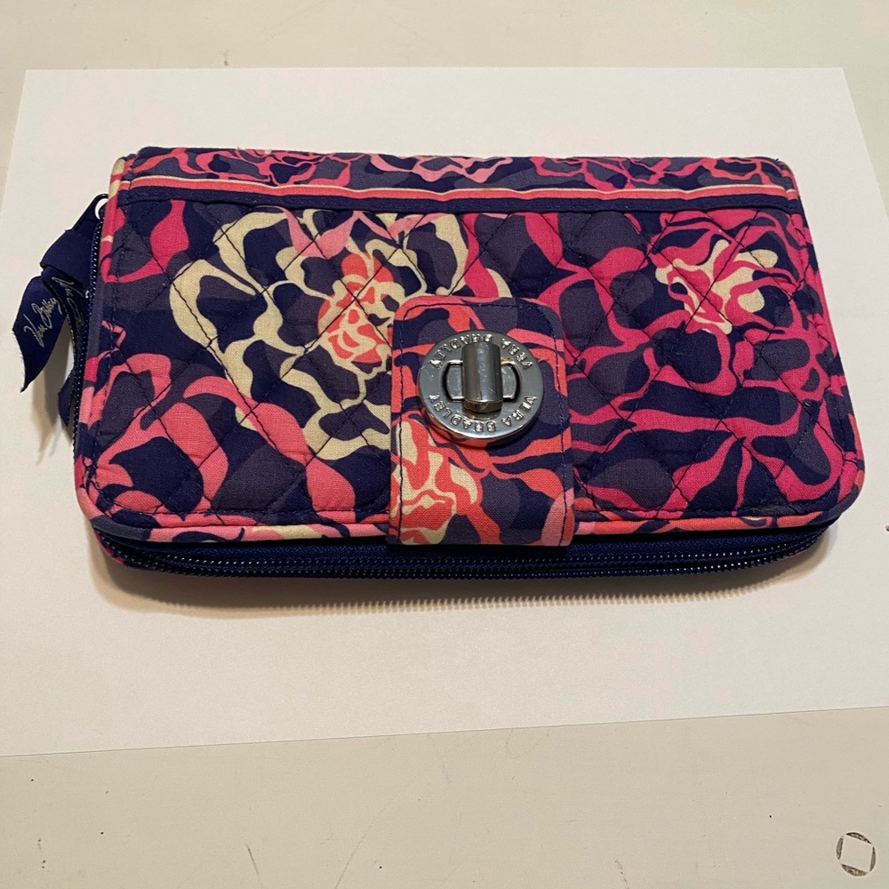 Vera Bradley RIBBONS Floral Blue Pink Multi Tri Fold Fabric Wallet 2012 Retired